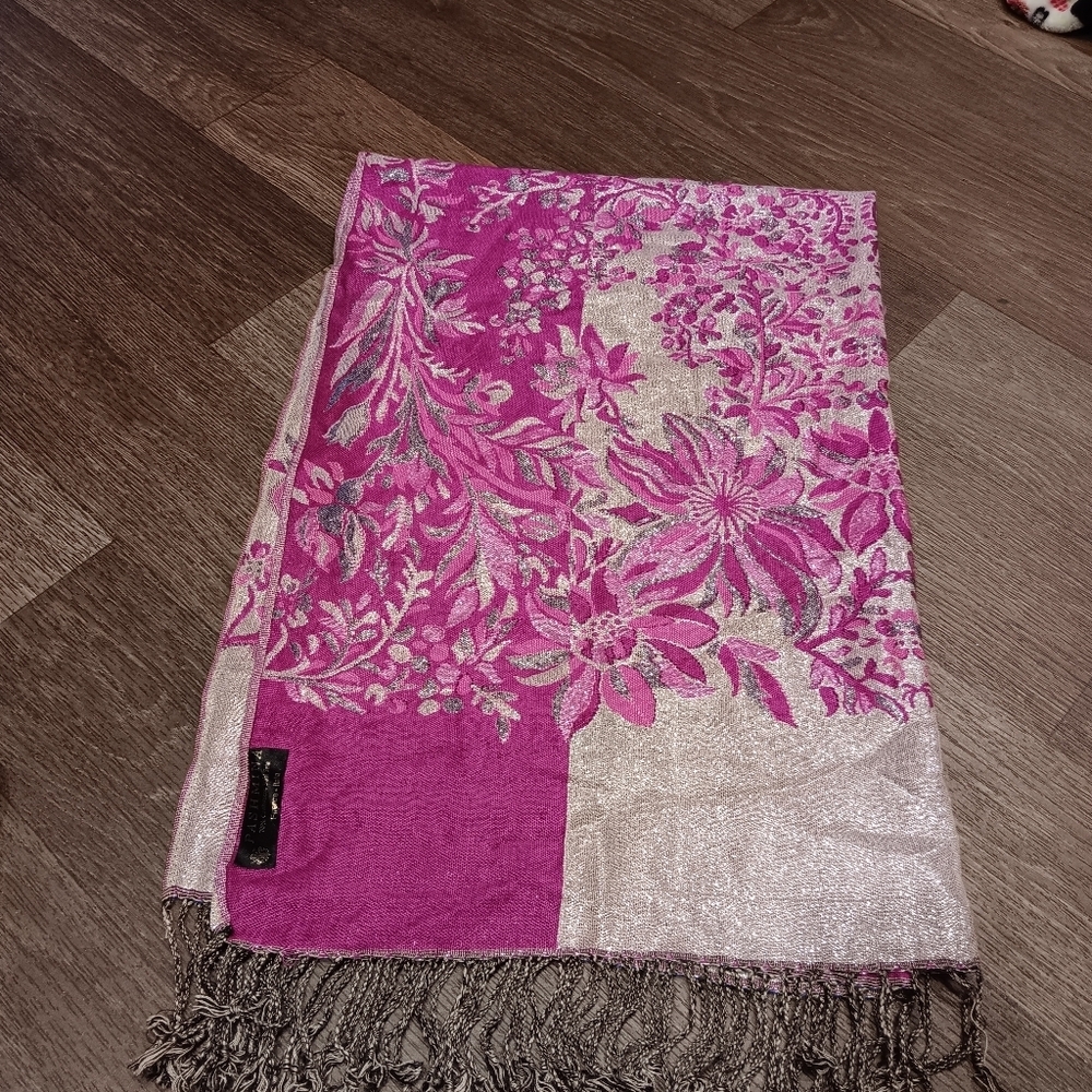 pashmina Fuchsia Pink and Silver Floral Jacquard Shawl